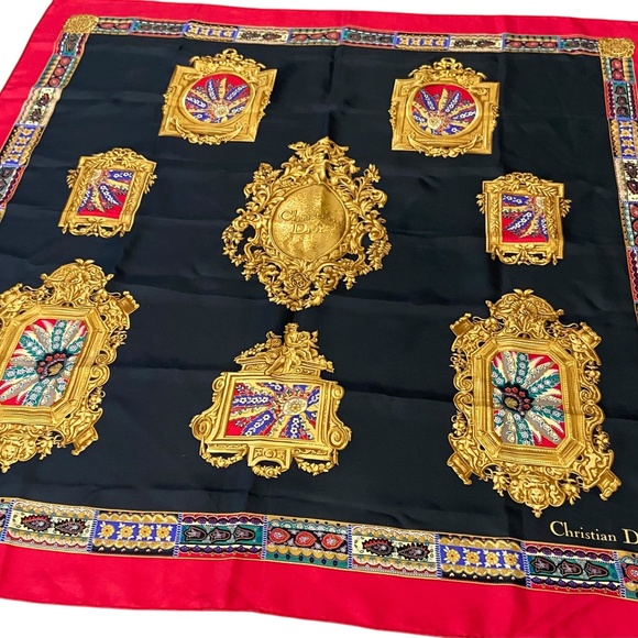 Christian Dior Silk Scarf w/ COA Baroque Frame Print– Black Red Gold– Authentic - Picture 9 of 9